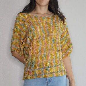 Multicolor Round Neck Dolman Sleeve Knit Sweater Cozy Warm Size S/M